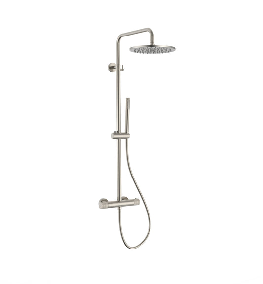 STRIA ENSEMBLE DE DOUCHE PLUIE – THERMOSTATIQUE – COOL TOUCH – DOUCHE DE TÊTE 30 CM – MONTAGE APPARENTE – BOUTONS S AVEC STRUCTURE STRIÉE RAFFINÉE – ACIER INOX BROSSÉ